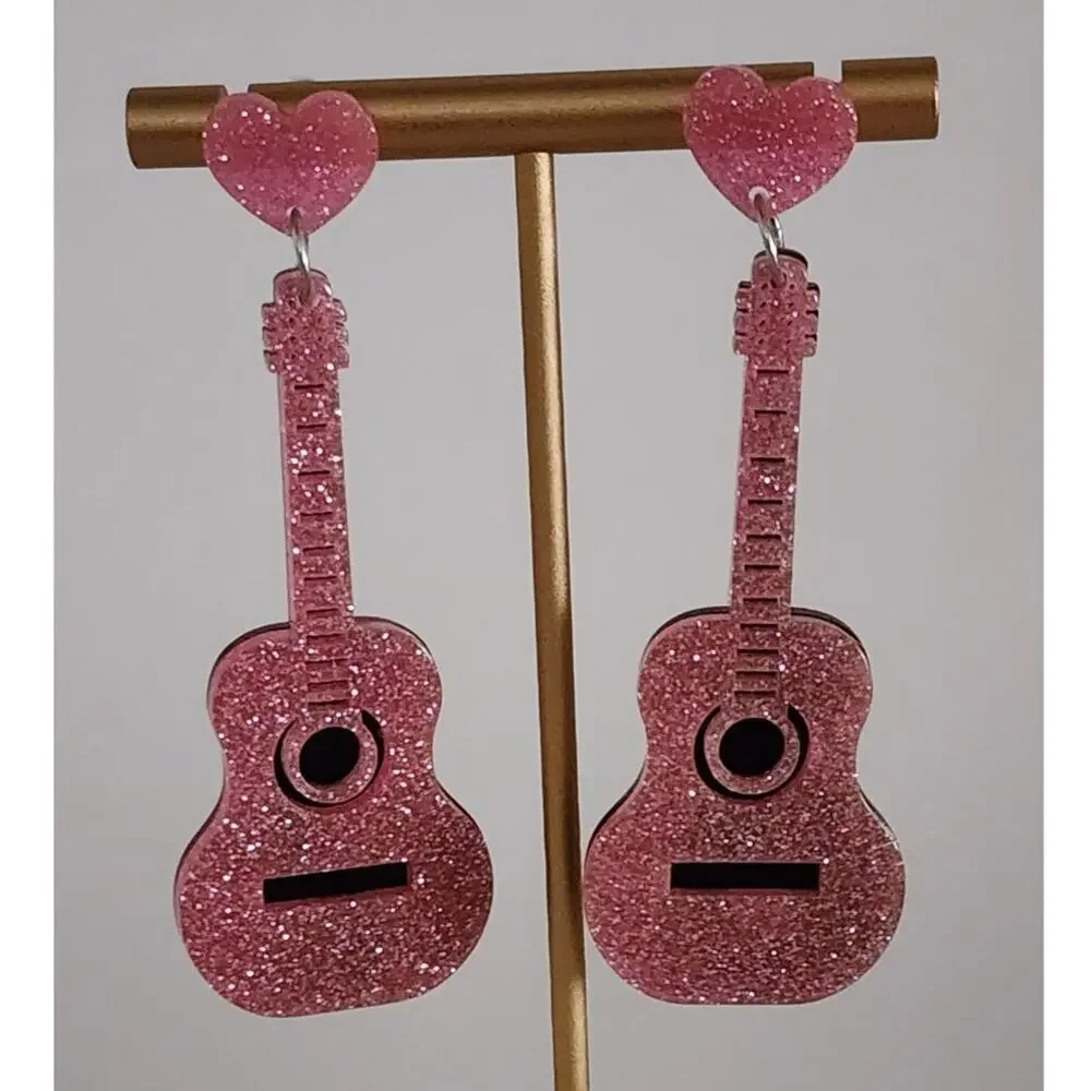 Pink Glitter Guitar Acrylic Earrings Cowgirl Sparkly Acoustic Dangle New
